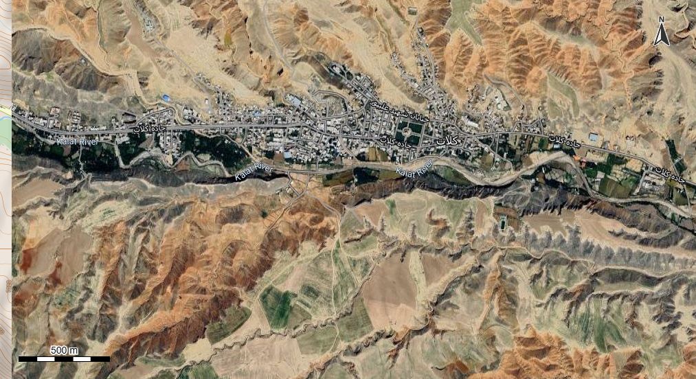 نقشه همراه با تصویر هوایی - ماهواره ای شهر کلات در اتوکد با مختصات UTM