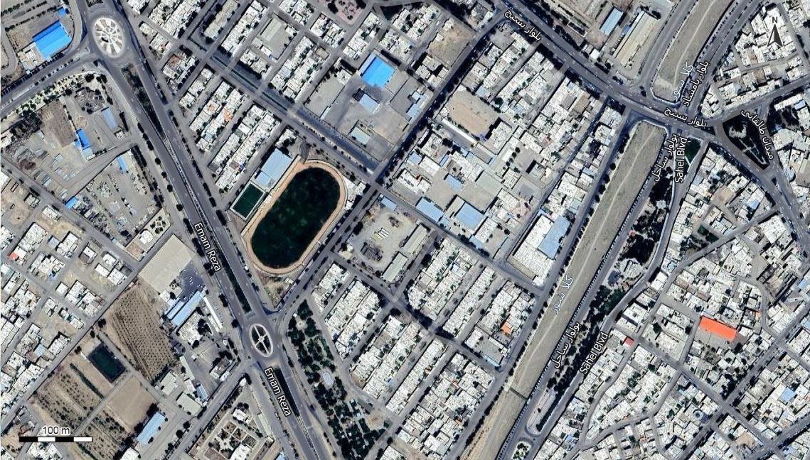 نقشه همراه با تصویر هوایی - ماهواره ای شهر قائن در اتوکد با مختصات UTM