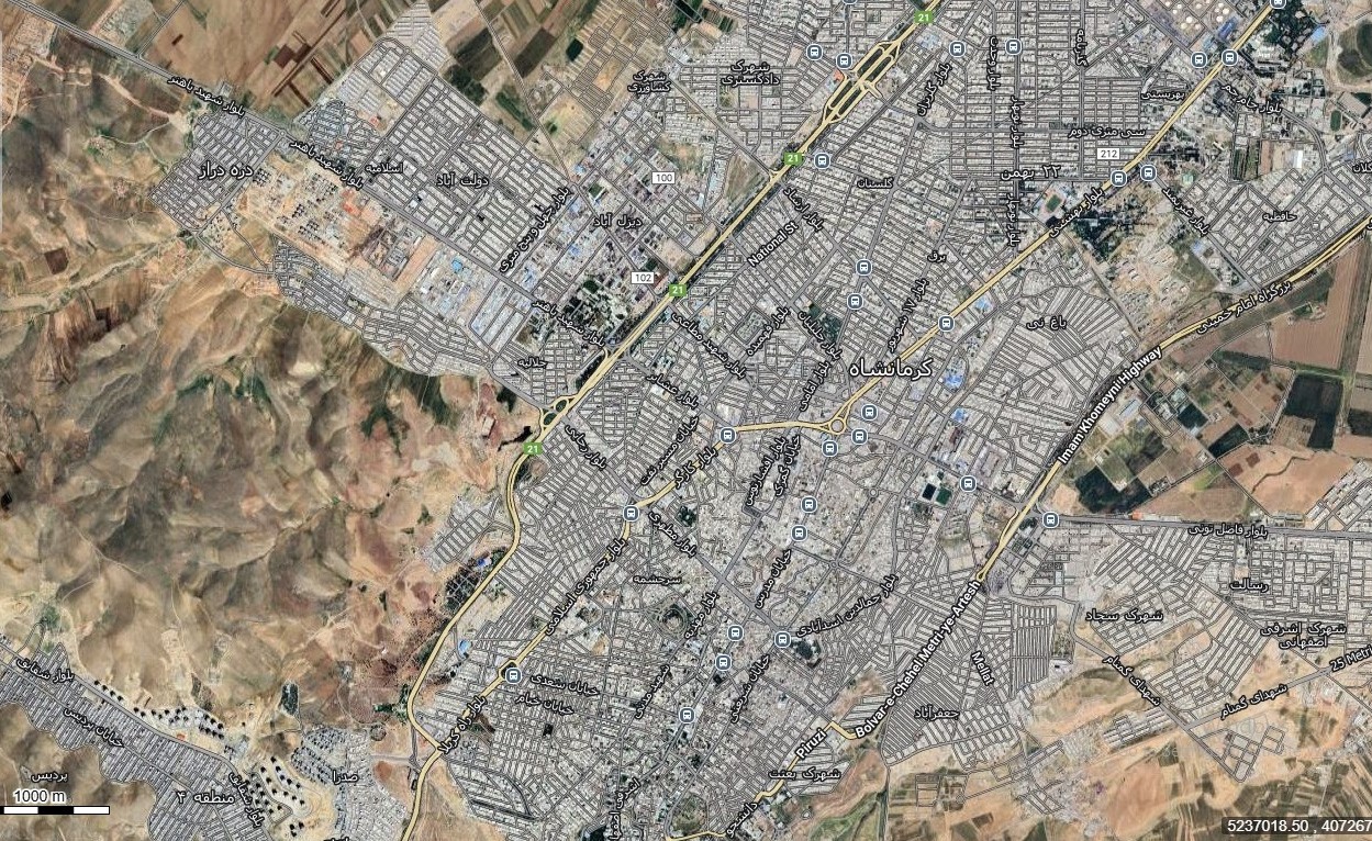 نقشه همراه با تصویر هوایی ماهواره ای شهر کرمانشاه در اتوکد با مختصات UTM