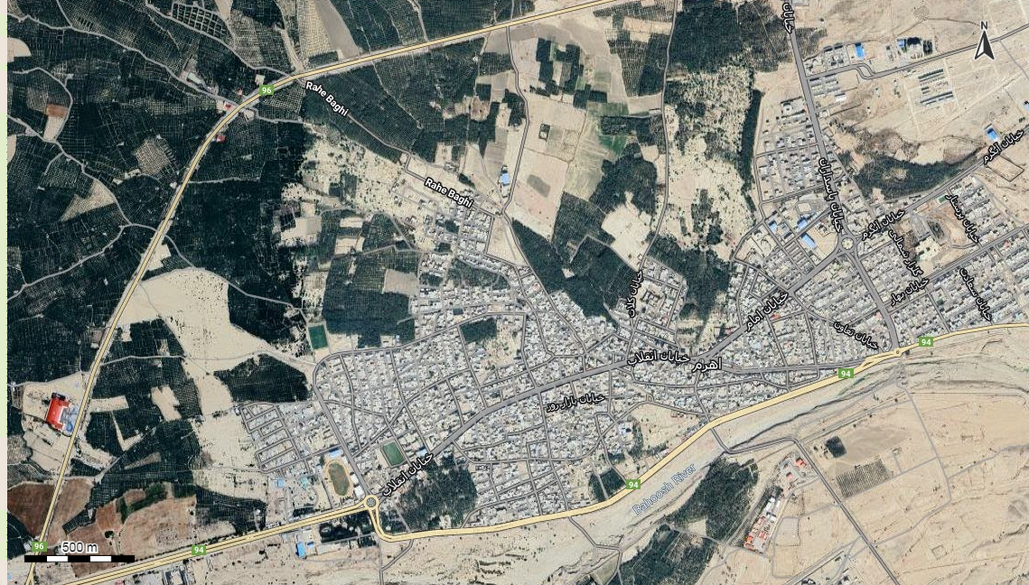 نقشه همراه با تصویر هوایی - ماهواره ای شهر اهرم در اتوکد با مختصات UTM