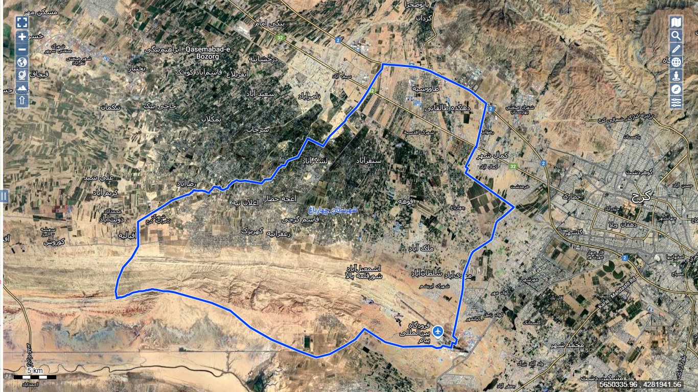 نقشه با تصویر هوایی ماهواره ای شهر چهارباغ با مختصات UTM