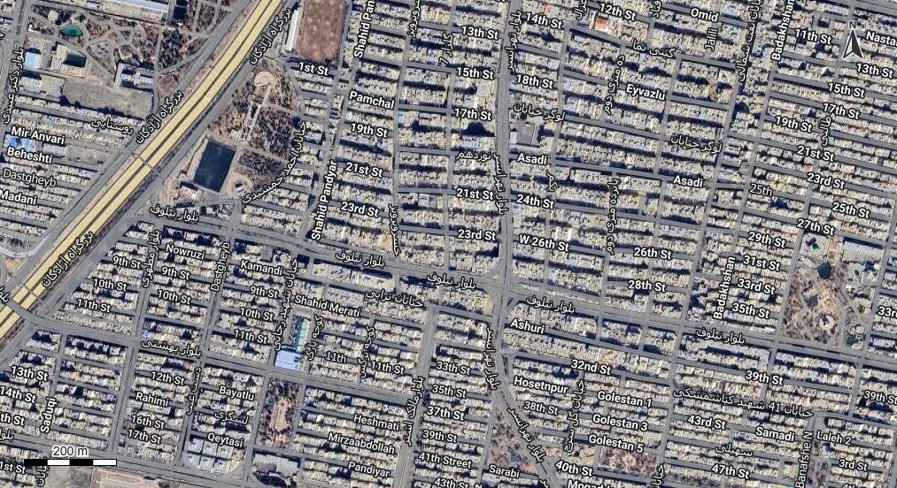 نقشه با تصویر هوایی - ماهواره ای منطقه 21 تهران در اتوکد با مختصات UTM