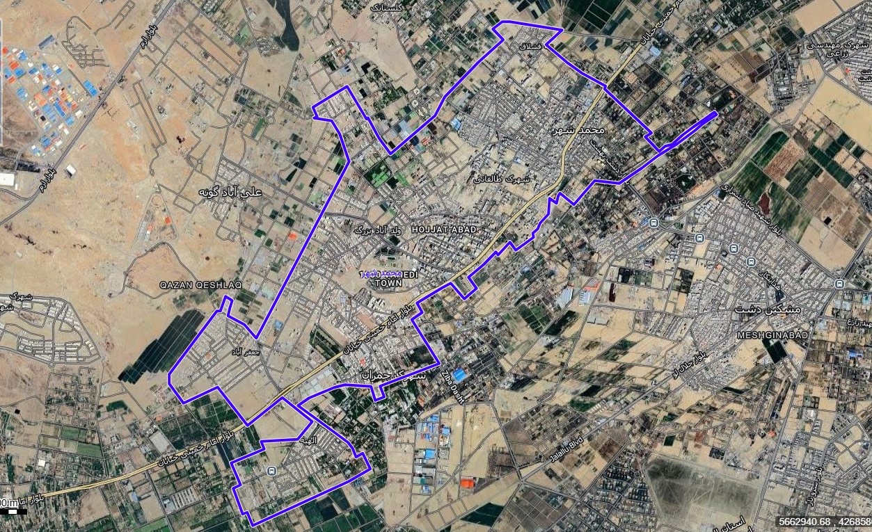 نقشه با تصویر هوایی ماهواره ای شهر محمدشهر با مختصات UTM