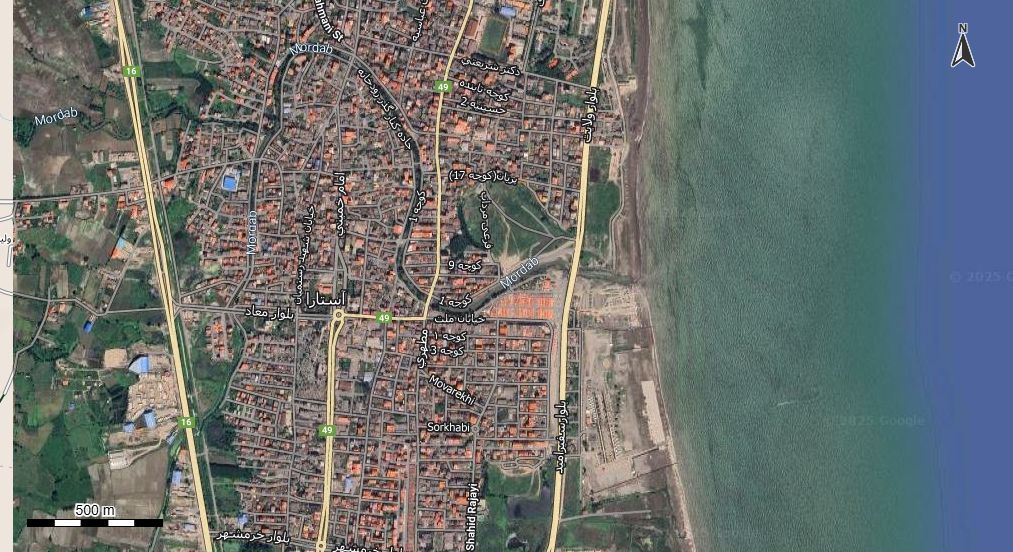 نقشه همراه با تصویر هوایی - ماهواره ای شهر آستارا در اتوکد با مختصات UTM