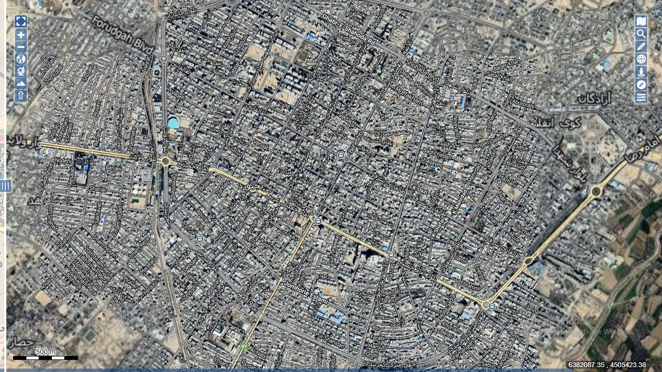 نقشه همراه با تصویر هوایی ماهواره ای شهر بجنورد در اتوکد با مختصات UTM