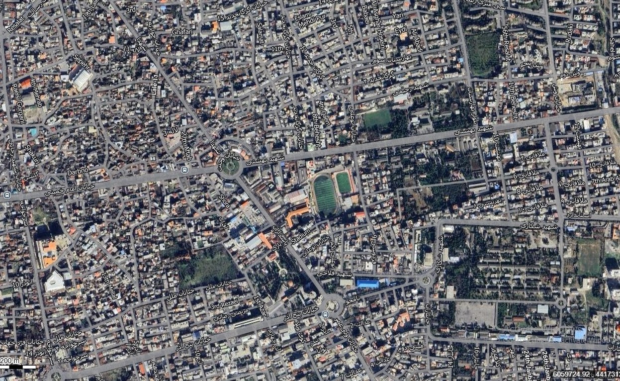 نقشه همراه با تصویر هوایی ماهواره ای شهر گرگان در اتوکد با مختصات UTM