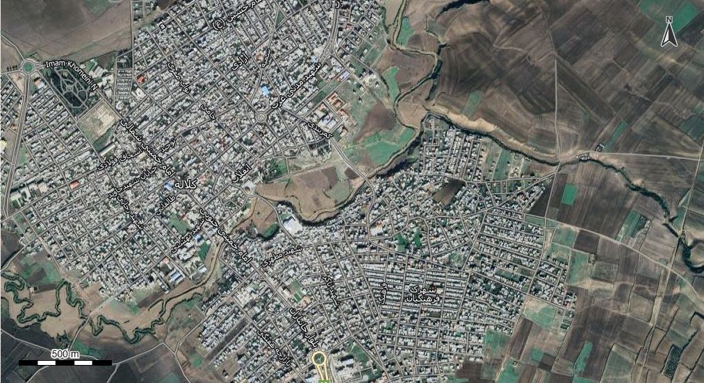 نقشه همراه با تصویر هوایی - ماهواره ای شهر کلاله در اتوکد با مختصات UTM