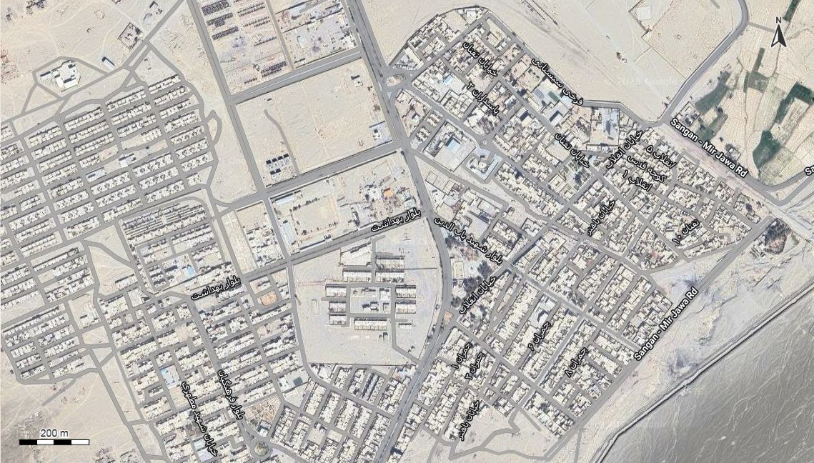 نقشه همراه با تصویر هوایی - ماهواره ای میرجاوه در اتوکد با مختصات UTM