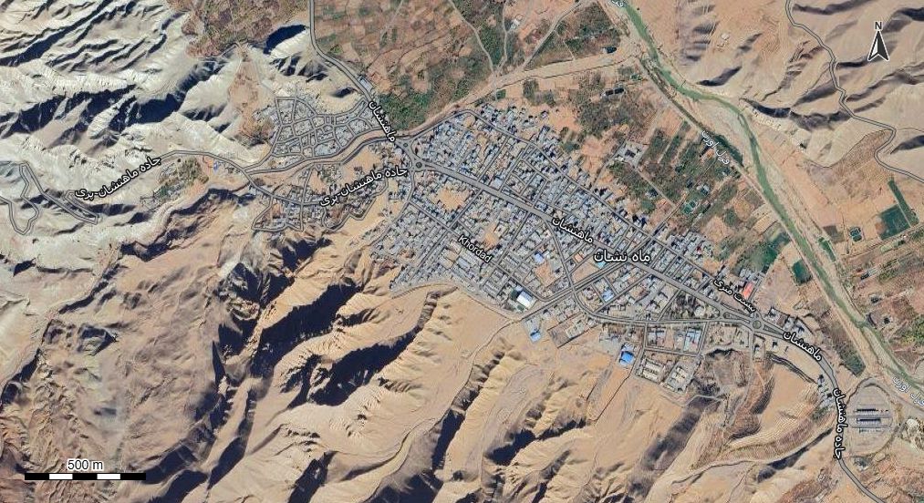 نقشه همراه با تصویر هوایی - ماهواره ای ماهنشان  در اتوکد با مختصات UTM