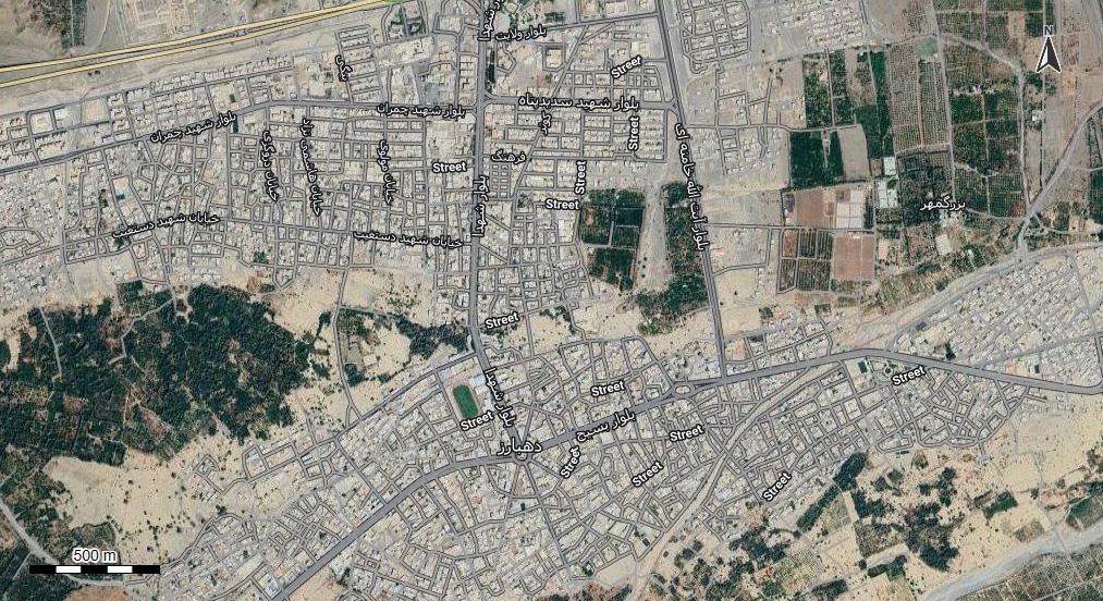 نقشه همراه با تصویر هوایی - ماهواره ای رودان در اتوکد با مختصات UTM