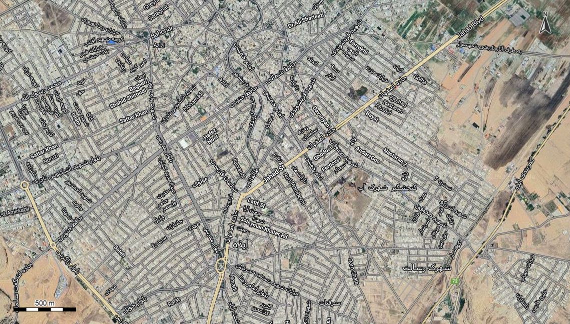 نقشه همراه با تصویر هوایی - ماهواره ای شهر ایذه در اتوکد با مختصات UTM