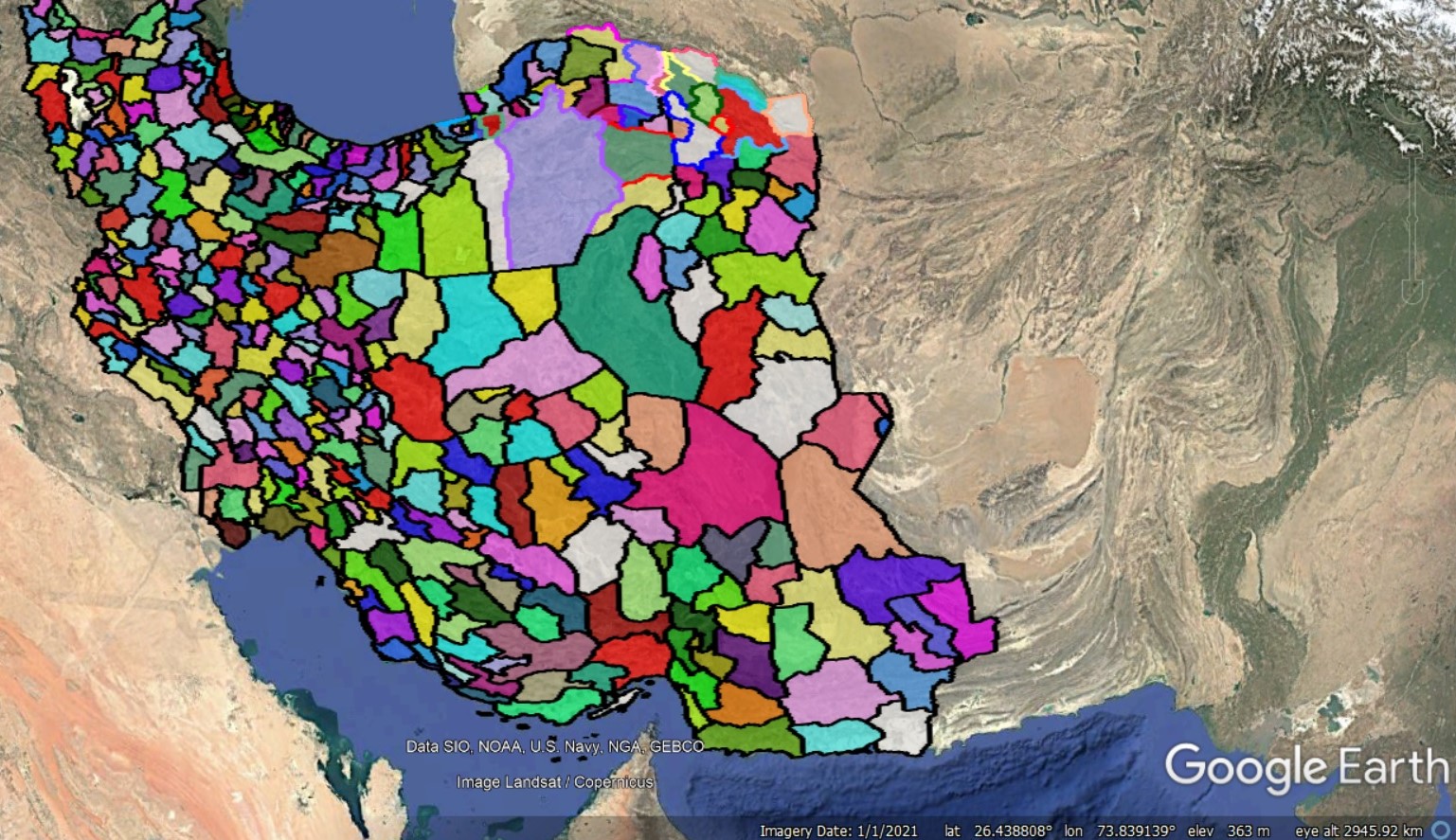نقشه نام شهرهای ایران با مرزبندی در گوگل ارث