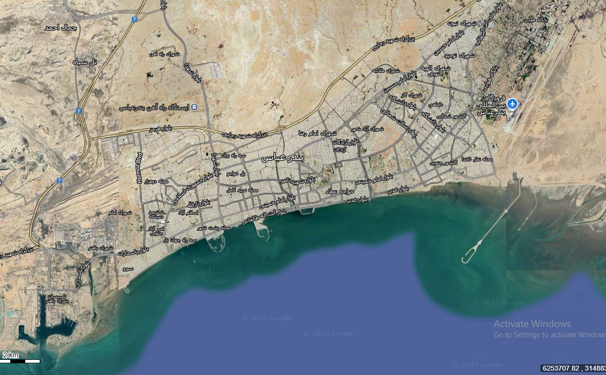 نقشه همراه با تصویر هوایی ماهواره ای شهر بندرعباس در اتوکد با مختصات UTM