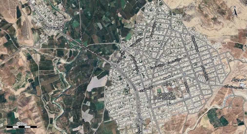 نقشه همراه با تصویر هوایی - ماهواره ای چرام در اتوکد با مختصات UTM