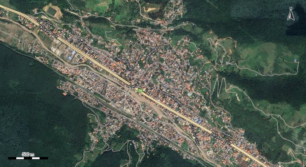 نقشه همراه با تصویر هوایی - ماهواره ای شهر زیرآب  در اتوکد با مختصات UTM