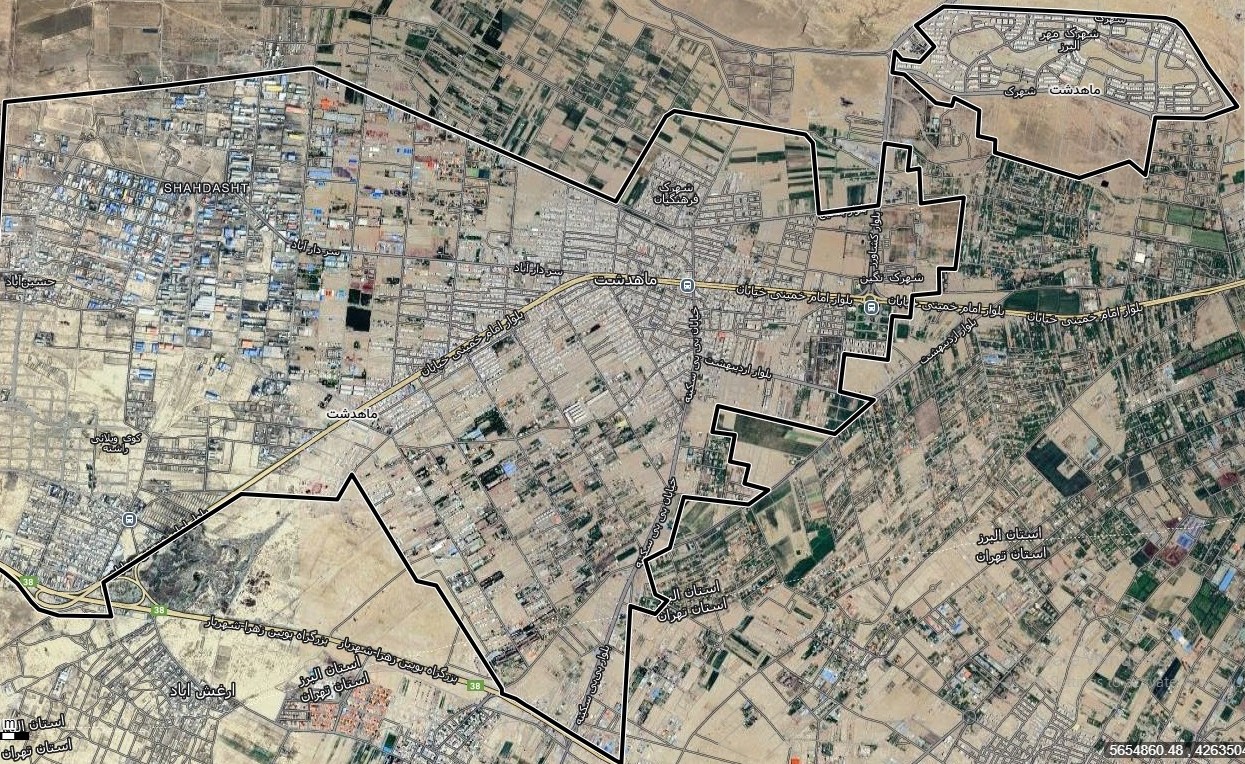 نقشه با تصویر هوایی ماهواره ای شهر ماهدشت با مختصات UTM