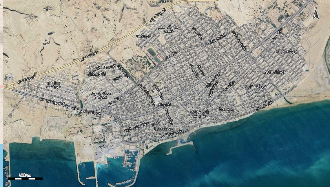 نقشه همراه با تصویر هوایی - ماهواره ای بندر دیر در اتوکد با مختصات UTM